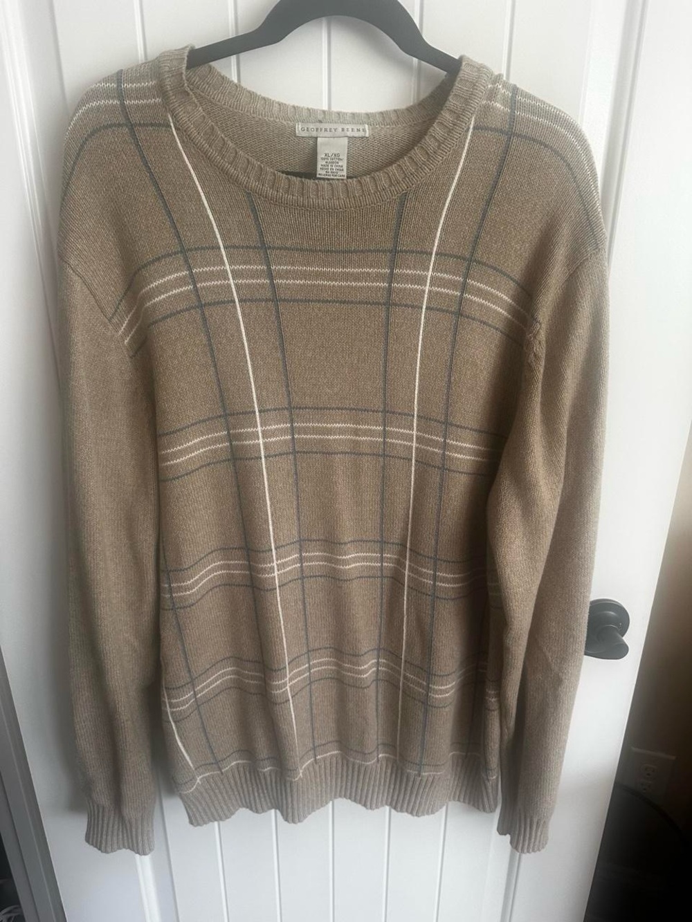 Geoffrey Beene Men’s Tan Plaid Crewneck Sweater with Cream & Gray Stripes